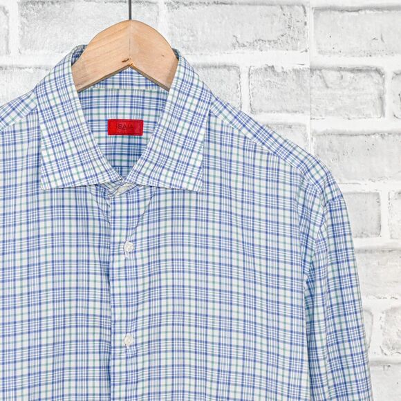 ISAIA Napoli Men's Button up Dress Shirt in Blue gren check cotton size 16 1/2 - Picture 3 of 8